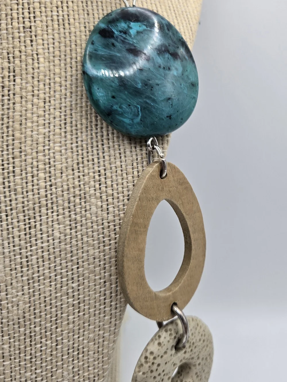 Chico's Teal Wood Silver Mixed Media Necklace Druzy Labradorite Turquoise READ